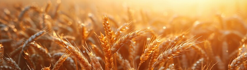A field of golden wheat with the sun shining on it.