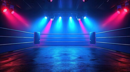 This image features a wrestling ring under dynamic stage lights, capturing the high-energy environment and dramatic intensity of the professional wrestling world.