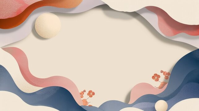 This image showcases an abstract landscape with flowing shapes, featuring flowers and a serene color scheme reflecting a peaceful and artistic composition.