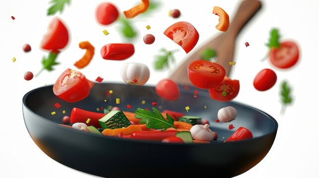 An artistic representation of vibrant vegetables, such as tomatoes, garlic, and peppers, mid-air above a frying pan, illustrating creativity and excitement in cooking.
