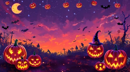 A spirited Halloween night illustration of glowing pumpkins with spooky faces, a witch hat, graves in the background, and bats flying under a moonlit, twilight sky creating an eerie ambience.