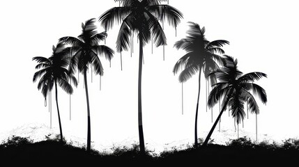 Five palm trees slightly leaning, depicted in black silhouettes, standing against a white background and representing a modern tropical landscape in a minimalist style.