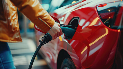 Close up of woman's hand plugging in electric car charging station, getting ready to drive the new red vehicle on street
