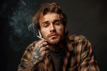 Fototapeta premium A man with tattoos and piercings is smoking a cigarette. The image has a mood of rebellion and nonconformity