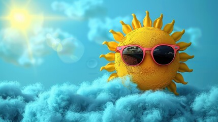 An animated, joyful sun wearing red sunglasses emerges from fluffy clouds, radiating warmth and positivity under a clear blue sky with vibrant sunlight.