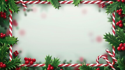 A beautiful border image with holly leaves and red berries along with candy canes, crafted in a festive theme on a blurred greenery background, perfect for Christmas designs.