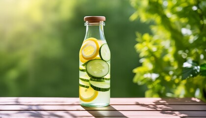 lemon and cucumber water drink detox in glass bottle at sunlight on green background wellness diet...