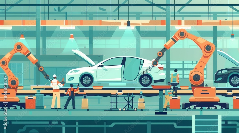 Poster an illustration depicting a modern automotive assembly line, showcasing the dynamic and collaborativ
