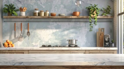 A rustic kitchen with a marble countertop, shelves with various kitchen items, plants, and warm lighting, creating a cozy and inviting atmosphere, perfect for home cooks.