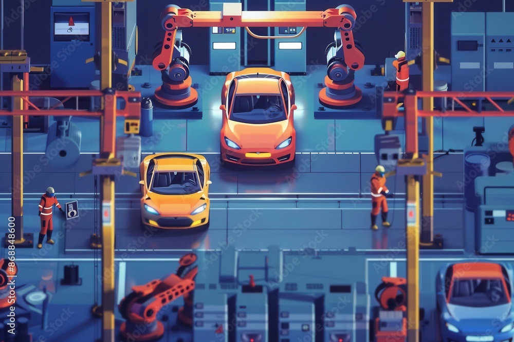 Leinwandbilder a dynamic illustration of a car assembly line with robots and workers, showcasing modern industrial 