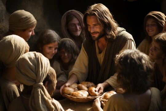  The benevolence of Jesus Christ: providing bread for the poor, a timeless gesture of compassion and empathy, reflecting the teachings of humility and service in christian tradition.