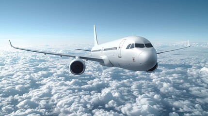 A passenger airplane is captured flying high in the sky above a blanket of fluffy clouds. The image reflects themes of travel, freedom, and the beauty of modern aviation.