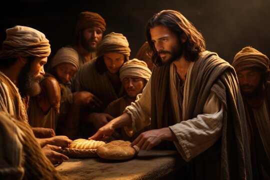  The benevolence of Jesus Christ: providing bread for the poor, a timeless gesture of compassion and empathy, reflecting the teachings of humility and service in christian tradition.