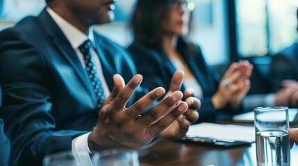 In-depth business meeting with a focused team discussing sales strategy and teamwork dynamics. Professional executives analyzing market trends, developing sales tactics