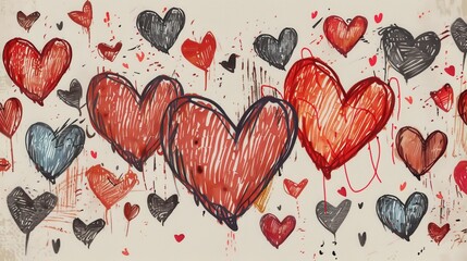 A collection of large hand-drawn hearts in red and black tones on a light background, symbolizing deep love and passion in a distinctive and expressive artistic style.