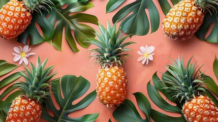 Pattern of pineapples and green leaves with pink floral accents on a coral background, perfect for vibrant and tropical home decoration or design projects.