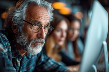 Fototapeta premium Older Man With Grey Hair and Glasses Working on Computer in Office