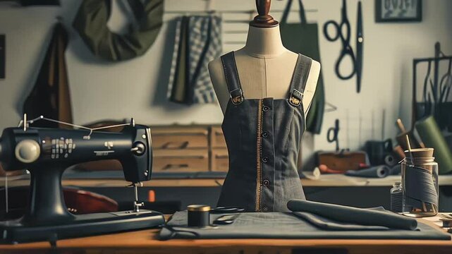 A beautiful dress form and sewing machine sit on a table, surrounded by fabric, measuring tapes, and other sewing tools