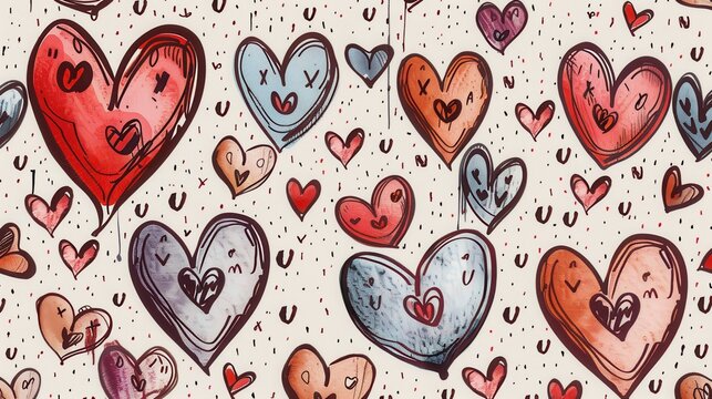An array of hand-drawn hearts in diverse colors and styles scattered on a beige background, evoking feelings of love, affection, and playfulness in a whimsical art style.