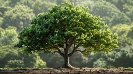 A vibrant and majestic green tree with a lush canopy, standing tall in a serene forest, exuding tranquility and the essence of nature and growth.