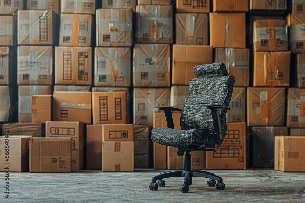 Poster a black office chair sits in front of a stack of cardboard boxes. the chair is the only object in th