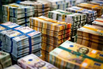 Fototapeta premium A pile of money with a blue band around it. The money is in different colors and sizes