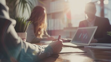 Professional financial advisor consulting client in modern office for investment analysis and strategic financial planning, discussing portfolio diversification, risk management, and long-term wealth 