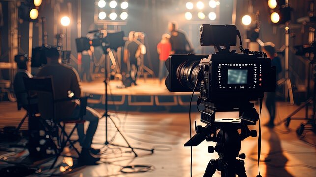 Dynamic film set scene featuring a director's chair and camera crew in action. Creative professionals collaborating on a movie production, capturing the essence of filmmaking. 