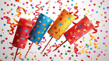 Four brightly colored party poppers releasing confetti and ribbon streamers, creating a festive atmosphere filled with joy, celebration, and exciting party vibes.