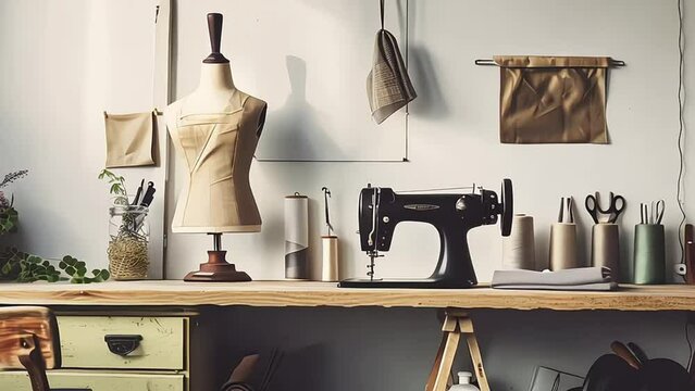 A beautiful dress form and sewing machine sit on a table, surrounded by fabric, measuring tapes, and other sewing tools