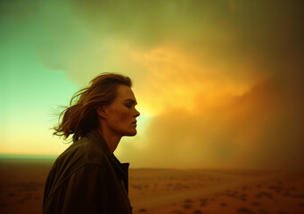 Cinematic Artsy Photography of a woman farmer in a foggy dusty vast golden dry grass field in Midwest with a beautiful colorful artsy film style misty smoky rural meadow landscape view