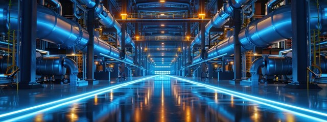 Obraz premium A large industrial building with a blue and yellow color scheme. The building is filled with pipes and has a futuristic feel to it
