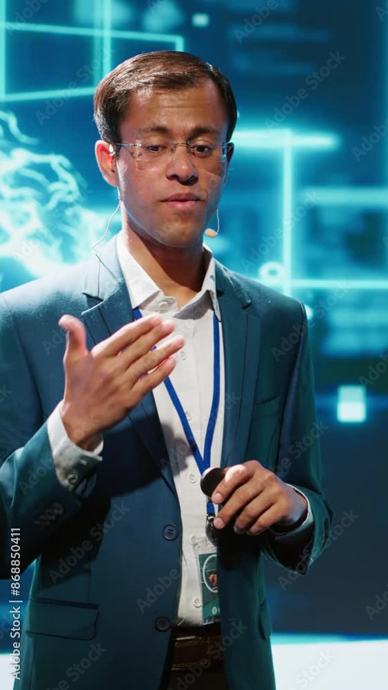 Poster vertical video smiling public speaker hosting ai convention gathering tech startups managers and aca