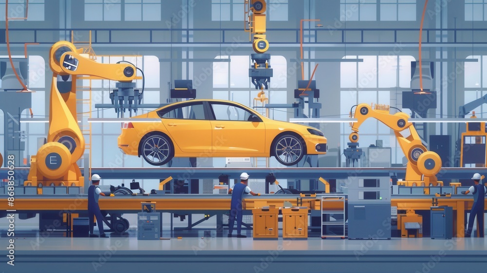 Leinwandbilder A dynamic illustration of a car assembly line featuring workers and robots assembling a car. This scene embodies the modern automotive industrys reliance on industrial technology. Generative AI