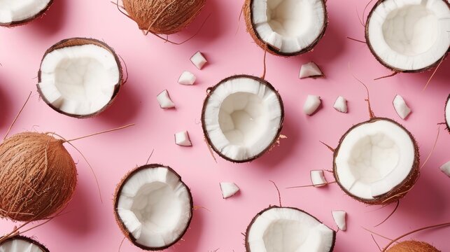 Freshly cut coconuts displayed on a vivid pink background for a striking visual impact