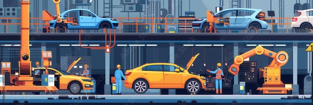 Poster Robots and workers on a car assembly line collaborate to produce automobiles, showcasing the power of technology in modern manufacturing. Generative AI