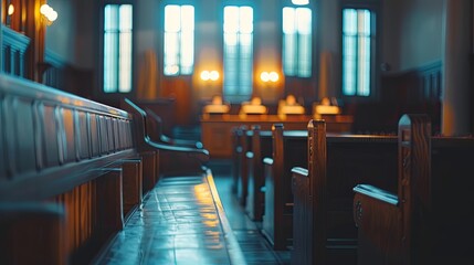 Modern Courtroom Interior with Judge&rsquo;s Bench, Legal Documents, and Gavel. Courtroom Environment with Judge, Legal Papers, and Justice Symbols in a Contemporary Setting.