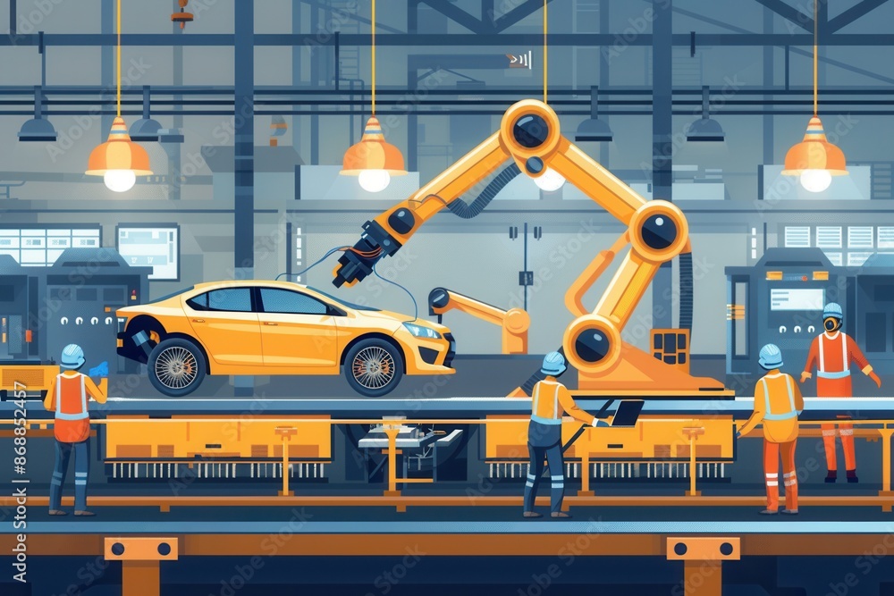 Poster An illustration depicting a dynamic car assembly line with robotic arms and workers collaborating to assemble a yellow car. Generative AI