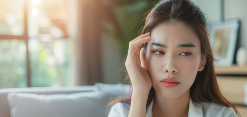 Dizzy asian young woman, girl headache or migraine pain suffering from vertigo while sitting on couch in living room at home, holding head with hand, health problem of brain or inner ear not balance