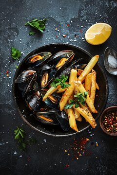 Moules Frites steamed mussels served in a savory broth with a side of crispy fries