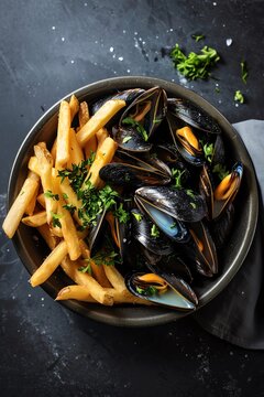 Moules Frites steamed mussels served in a savory broth with a side of crispy fries