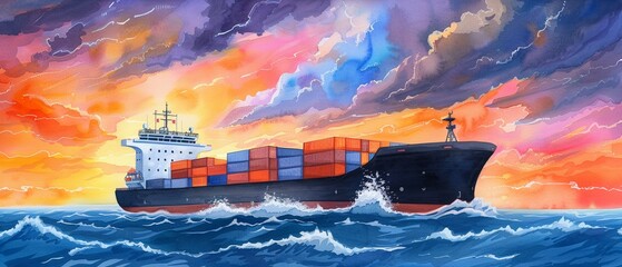 A dynamic watercolor of a zeroemission cargo ship at sea, Bright hues, Efficient