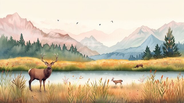A serene watercolor of a wildlife reserve with diverse animal species, Soft tones, Preserved