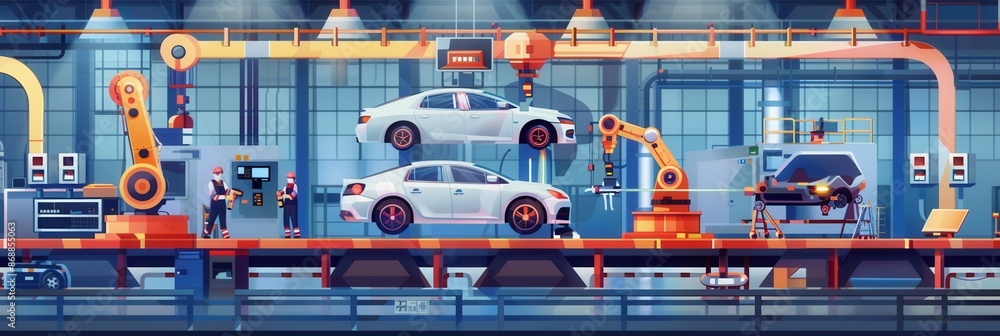 Poster a dynamic illustration of a modern automotive assembly line showcasing robotic arms and workers asse