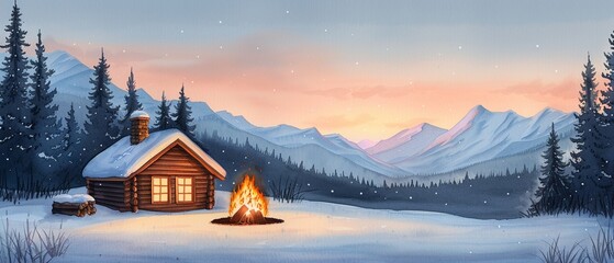Fototapeta premium A cozy watercolor of a family gathered around a campfire in the Canadian wilderness, Warm tones, Inviting