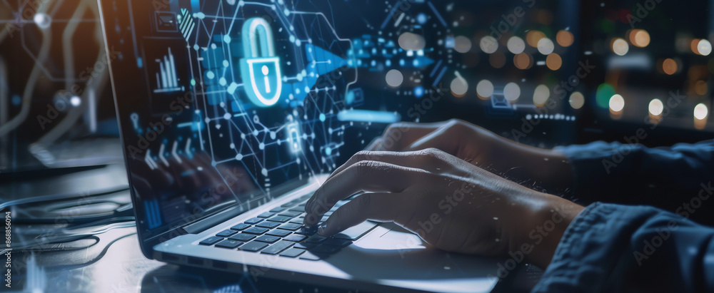 Poster hands typing on a laptop with a glowing blue padlock and data security symbols.