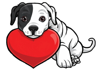 Fototapeta premium Cartoon puppy black and white celebrating Valentine's Day, holding a red heart, transparent illustrations. AI