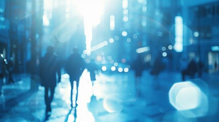 Blurred image of people walking on a busy street with bokeh lights in the background. AI.