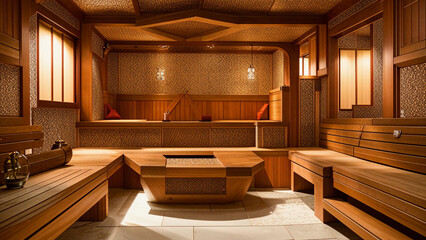 a wooden bench in a room with a tiled floor