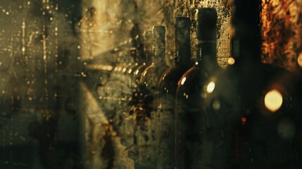 Wine aging close up, focus on, copy space, deep tones, double exposure silhouette with old winery walls